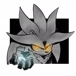 Size: 2048x2048 | Tagged: safe, artist:heynovadraws, silver the hedgehog, abstract background, frown, glowing eyes, greyscale, looking at viewer, monochrome, reaching towards the viewer, solo, spot color