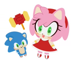 Size: 1149x1006 | Tagged: safe, artist:kumoggu, amy rose, sonic the hedgehog, amybetes, blushing, chibi, cute, duo, piko piko hammer, simple background, white background