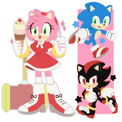 Size: 1280x1280 | Tagged: safe, artist:kumoggu, amy rose, shadow the hedgehog, sonic the hedgehog, sonic the hedgehog 3 (film), food, ice cream, piko piko hammer, simple background, smile, standing, star (symbol), trio, white background