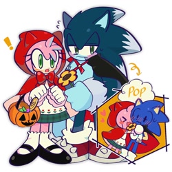 Size: 1280x1280 | Tagged: safe, artist:kumoggu, amy rose, sonic the hedgehog, amy x sonic, blushing, candy, duo, flower, food, halloween, halloween outfit, holding something, little red riding hood, lollipop, shipping, simple background, sonic the werehog, straight, were form, werehog, white background