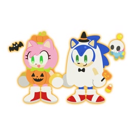 Size: 1280x1280 | Tagged: safe, artist:kumoggu, amy rose, sonic the hedgehog, bat, chao, amy x sonic, amybetes, candy, candy corn, chibi, cute, food, halloween, halloween outfit, holding hands, holding something, literal animal, neutral chao, shipping, simple background, smile, sonabetes, straight, trio, white background