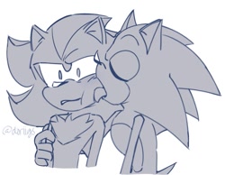 Size: 689x534 | Tagged: safe, artist:doriigs, shadow the hedgehog, sonic the hedgehog, duo, eyes closed, gay, greyscale, holding them, licking, licking face, looking offscreen, monochrome, shadow x sonic, shipping, signature, simple background, standing, tongue out, white background