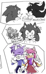 Size: 1251x2000 | Tagged: safe, artist:miralura, amy rose, blaze the cat, shadow the hedgehog, sonic the hedgehog, comic:spy (miralura), 2025, alternate outfit, alternate universe, amy x blaze, au:spy (miralura), christmas, coat, comic, dialogue, english text, gay, group, holding hands, laughing, lesbian, monochrome, scarf, shadow x sonic, shipping, smile, speech bubble, standing, winter outfit