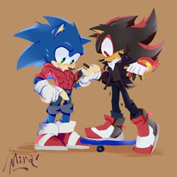 Size: 2000x2000 | Tagged: safe, artist:miralura, shadow the hedgehog, sonic the hedgehog, 2024, alternate outfit, alternate universe, au:spy (miralura), brown background, clothes, duo, ear fluff, ear piercing, earring, fingerless gloves, gay, holding hands, hoodie, jacket, one fang, pants, pointing, shadow x sonic, shipping, shorts, simple background, skateboard, standing, standing on something