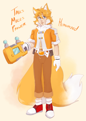 Size: 1171x1636 | Tagged: safe, artist:artkotaro08017, miles "tails" prower, human, 2022, character name, clothes, english text, eye clipping through hair, eyebrow clipping through hair, gradient background, holding something, humanized, looking at viewer, miles electric, older, partially humanized, smile, solo, standing