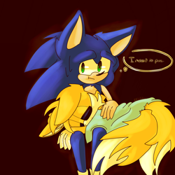 Size: 2048x2048 | Tagged: safe, artist:blossomkawaiigem321, miles "tails" prower, sonic the hedgehog, 2023, blanket, duo, english text, gradient background, looking at viewer, lying down, lying on them, sitting, sleeping, thought bubble