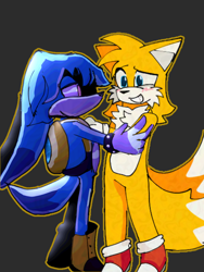 Size: 768x1024 | Tagged: safe, artist:raythefartpooe, kit the fennec, miles "tails" prower, 2024, duo, gay, grey background, holding each other, kitails, looking at each other, outline, shipping, simple background, smile, standing