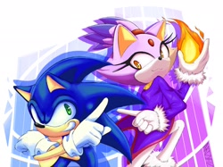 Size: 2048x1535 | Tagged: safe, artist:artsyfiz, blaze the cat, sonic the hedgehog, 2025, :3, abstract background, duo, fire, flame, pointing, smile, sonic rush