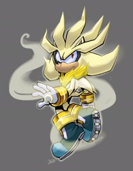 Size: 1596x2048 | Tagged: safe, artist:author_justan, silver the hedgehog, 2025, flying, grey background, looking offscreen, looking up, signature, simple background, solo, super form, super silver