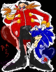 Size: 1006x1280 | Tagged: safe, artist:segamew, robotnik, sonic the hedgehog, human, 2010, abstract background, duo, gay, heart, holding them, outline, robotnik x sonic, shipping, smile, standing