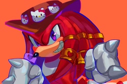 Size: 1689x1131 | Tagged: safe, artist:miuchat_cat, knuckles the echidna, 2025, clenched fists, hat, hello kitty, looking at viewer, orange background, sanrio, simple background, smile, solo