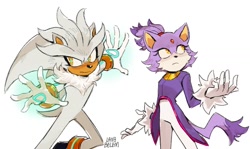 Size: 1200x716 | Tagged: safe, artist:lana_belem, blaze the cat, silver the hedgehog, 2025, duo, frown, signature, simple background, standing, white background