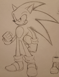 Size: 472x619 | Tagged: safe, artist:simplymatcha_, sonic the hedgehog, 2025, clenched fist, line art, looking offscreen, monochrome, pencilwork, smile, solo, standing, traditional media