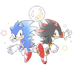 Size: 867x867 | Tagged: safe, artist:carrutsoup, shadow the hedgehog, sonic the hedgehog, sonic adventure 2, 2025, classic shadow, classic sonic, frown, looking at viewer, mid-air, moon, redraw, simple background, smile, star (symbol), white background