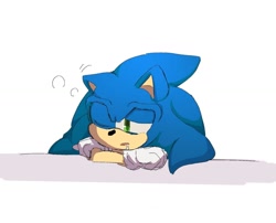 Size: 1630x1320 | Tagged: safe, artist:rindo_sy, sonic the hedgehog, 2025, cute, drooling, leaning, looking offscreen, mouth open, one eye closed, saliva, simple background, solo, white background