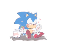 Size: 1209x866 | Tagged: safe, artist:rneku64661, sonic the hedgehog, blushing, classic sonic, cup, cute, drink, eyes closed, food, fruit, heart, milk, simple background, sitting, solo, sonabetes, strawberry, tongue out, white background