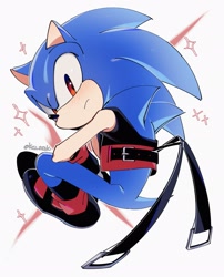 Size: 1657x2048 | Tagged: safe, artist:kou_sonic, sonic the hedgehog, 2025, abstract background, alternate universe, frown, looking at viewer, red eyes, signature, solo, sparkles