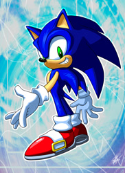 Size: 660x908 | Tagged: safe, artist:tyler mcgrath, sonic the hedgehog, sonic adventure, 2025, abstract background, faux 3d, looking at viewer, outline, signature, smile, solo, standing