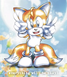 Size: 1787x2048 | Tagged: safe, artist:mamonoworld, miles "tails" prower, 2025, abstract background, double v sign, english text, looking at viewer, mouth open, quote, redraw, shadow the hedgehog (video game), smile, solo, standing, v sign, victory pose