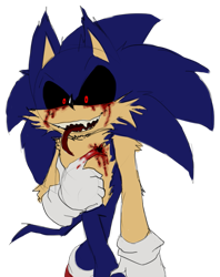 Size: 661x834 | Tagged: safe, artist:smugwolf, oc, oc:sonic.exe, 2023, black sclera, bleeding, bleeding from eyes, blood, cheek fluff, long tongue, looking offscreen, simple background, solo, standing, tongue out, transparent background