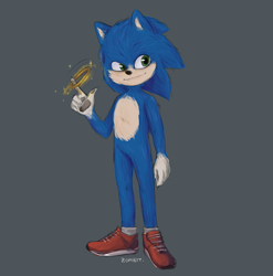 Size: 2720x2748 | Tagged: safe, artist:zombyt, sonic the hedgehog, 2019, grey background, looking offscreen, movie style, ring, signature, simple background, smile, solo, spinning object, standing