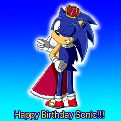 Size: 1280x1280 | Tagged: safe, artist:soneamlover, sonic the hedgehog, 2023, birthday, cape, crown, english text, gradient background, looking at viewer, looking back, looking back at viewer, smile, solo, standing, thumbs up, wink