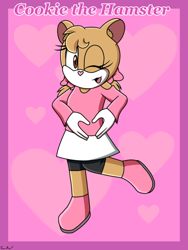 Size: 810x1080 | Tagged: safe, artist:soneamlover, oc, oc:cookie the hamster, 2024, abstract background, border, character name, hamster, heart, heart hands, heart nose, looking at viewer, oc only, smile, solo, standing on one leg, wink