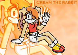 Size: 643x457 | Tagged: safe, artist:soneamlover, cream the rabbit, 2021, abstract background, aged up, character name, echo background, looking at viewer, older, sitting, smile, solo, sonic x style, teenager, waving, wink