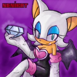 Size: 700x700 | Tagged: safe, artist:nenikat, rouge the bat, 2009, chaos emerald, gradient background, holding something, lidded eyes, looking at viewer, outline, signature, sitting, smile, solo