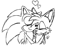 Size: 500x383 | Tagged: artist needed, safe, miles "tails" prower, sonic the hedgehog, 2002, black and white, blushing, cute, duo, duo male, eyes closed, gay, heart, holding each other, hugging, line art, low res, male, males only, monochrome, shipping, signature, simple background, sketch, smile, sonabetes, sonic x tails, standing, tailabetes, white background