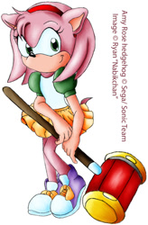 Size: 480x731 | Tagged: safe, artist:nabikchan, amy rose, 2002, classic amy, english text, holding something, piko piko hammer, simple background, smile, solo, standing, white background