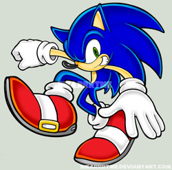 Size: 1317x1300 | Tagged: safe, artist:ihearrrtme, sonic the hedgehog, 2008, clenched teeth, grey background, looking at viewer, posing, simple background, smile, solo, uekawa style, watermark