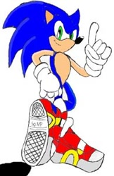 Size: 194x300 | Tagged: safe, artist:dantiscus, sonic the hedgehog, 2002, hand on hip, looking at viewer, low res, pointing, simple background, smile, soap shoes, solo, standing, white background