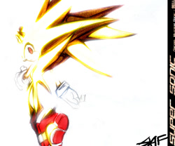 Size: 800x664 | Tagged: safe, artist:digital-addict, sonic the hedgehog, super sonic, 2004, eyestrain, frown, looking at viewer, looking back, looking back at viewer, signature, simple background, soap shoes, solo, super form, white background