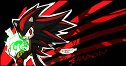 Size: 650x343 | Tagged: safe, artist:digital-addict, shadow the hedgehog, 2004, abstract background, chaos emerald, glowing, looking at viewer, looking back, looking back at viewer, outline, signature, solo, standing