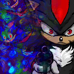 Size: 500x500 | Tagged: safe, artist:ruger666, shadow the hedgehog, 2006, abstract background, creepy, frown, gun, holding something, looking offscreen, solo