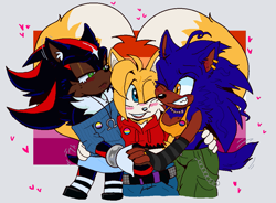 Size: 1057x778 | Tagged: safe, artist:monstrouslupus, artist:w0lfieskullz, miles "tails" prower, shadow the hedgehog, sonic the hedgehog, 2024, abstract background, alternate eye color, bisexual, blushing, clothes, frown, heart, heart tail, holding hands, hugging, lesbian, lesbian pride, looking at each other, looking at them, nonbinary, pansexual, polyamory, pride, r63 shipping, shadow x sonic, shadow x tails, shipping, smile, sonabetes, sonadails, standing, trio, wink