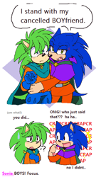 Size: 406x717 | Tagged: safe, artist:monstrouslupus, artist:w0lfieskullz, sonia the hedgehog, sonic the hedgehog, 2025, blushing, brothers, dialogue, duo, english text, gay, hugging, incest, looking at each other, looking at viewer, manic the hedgehog, manic x sonic, offscreen character, shipping, simple background, speech bubble, standing, sweatdrop, white background