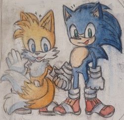 Size: 1693x1642 | Tagged: safe, artist:pkrockinon, miles "tails" prower, sonic the hedgehog, sonic the hedgehog 2 (2022), 2022, duo, holding hands, looking at viewer, mouth open, smile, traditional media, waving