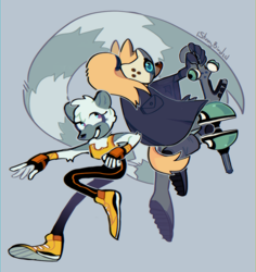 Size: 1410x1491 | Tagged: safe, artist:straybird25, tangle the lemur, whisper the wolf, 2020, back to back, duo, grey background, looking at them, looking offscreen, mid-air, signature, simple background, smile