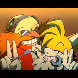 Size: 1000x1000 | Tagged: safe, artist:cheroy, miles "tails" prower, robotnik, human, 2014, alignment swap, clenched teeth, duo, gradient background, holding something, looking at viewer, nightmare fuel, screwdriver, signature, smile, v sign, wrench