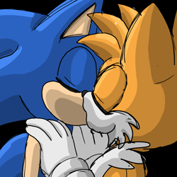 Size: 2048x2048 | Tagged: safe, artist:aoi-sen, miles "tails" prower, sonic the hedgehog, 2025, black background, duo, eyes closed, gay, kiss, mobius.social exclusive, shading practice, shipping, simple background, sketch, sonic x tails