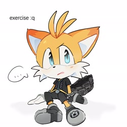 Size: 2048x2048 | Tagged: safe, artist:pupu77859245726, miles "tails" prower, nine, sonic prime, ..., 2025, :q, chibi, cute, english text, looking at viewer, mouth open, ninebetes, simple background, sitting, solo, tailabetes, white background