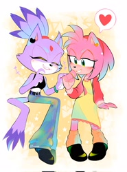 Size: 1517x2048 | Tagged: safe, artist:ggoose_sonadow, amy rose, blaze the cat, 2025, abstract background, alternate outfit, amy x blaze, amybetes, blazebetes, blushing, cute, duo, heart, lesbian, shipping, sitting, smile, sparkles, star (symbol)