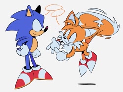 Size: 1255x933 | Tagged: safe, artist:doofazoid, miles "tails" prower, sonic the hedgehog, 2025, duo, flying, grey background, looking at each other, simple background, smile, speech bubble, spinning tails, standing