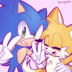 Size: 2048x2048 | Tagged: safe, artist:fluffyymel, miles "tails" prower, sonic the hedgehog, 2025, cute, duo, eyes closed, gay, looking at viewer, pink background, selfie, shipping, signature, simple background, smile, sonic x tails, standing, tailabetes, v sign