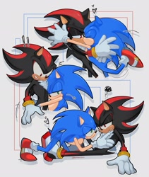 Size: 1731x2048 | Tagged: safe, artist:blackheartpurum, shadow the hedgehog, sonic the hedgehog, 2025, abstract background, duo, gay, hugging, kiss, shadow x sonic, shipping, sitting