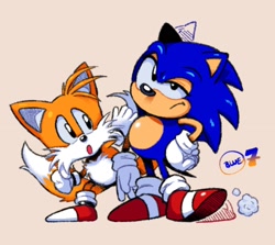 Size: 1554x1388 | Tagged: safe, artist:bluespheres07, miles "tails" prower, sonic the hedgehog, 2025, :o, alternate version, classic sonic, classic tails, colored version, duo, dust clouds, looking at them, looking offscreen, signature, standing, tapping foot