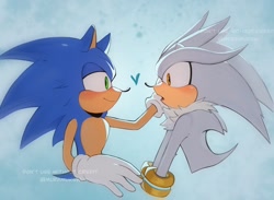 Size: 2048x1502 | Tagged: safe, artist:muramursw, silver the hedgehog, sonic the hedgehog, 2025, blushing, duo, gay, gradient background, heart, lidded eyes, looking at each other, mouth open, shipping, smile, sonilver