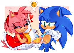 Size: 1800x1282 | Tagged: safe, artist:mistren, amy rose, sonic the hedgehog, 2025, abstract background, duo, eating, eyes closed, food, heart, holding something, ice cream, looking at something, smile, spoon, standing, wagging tail